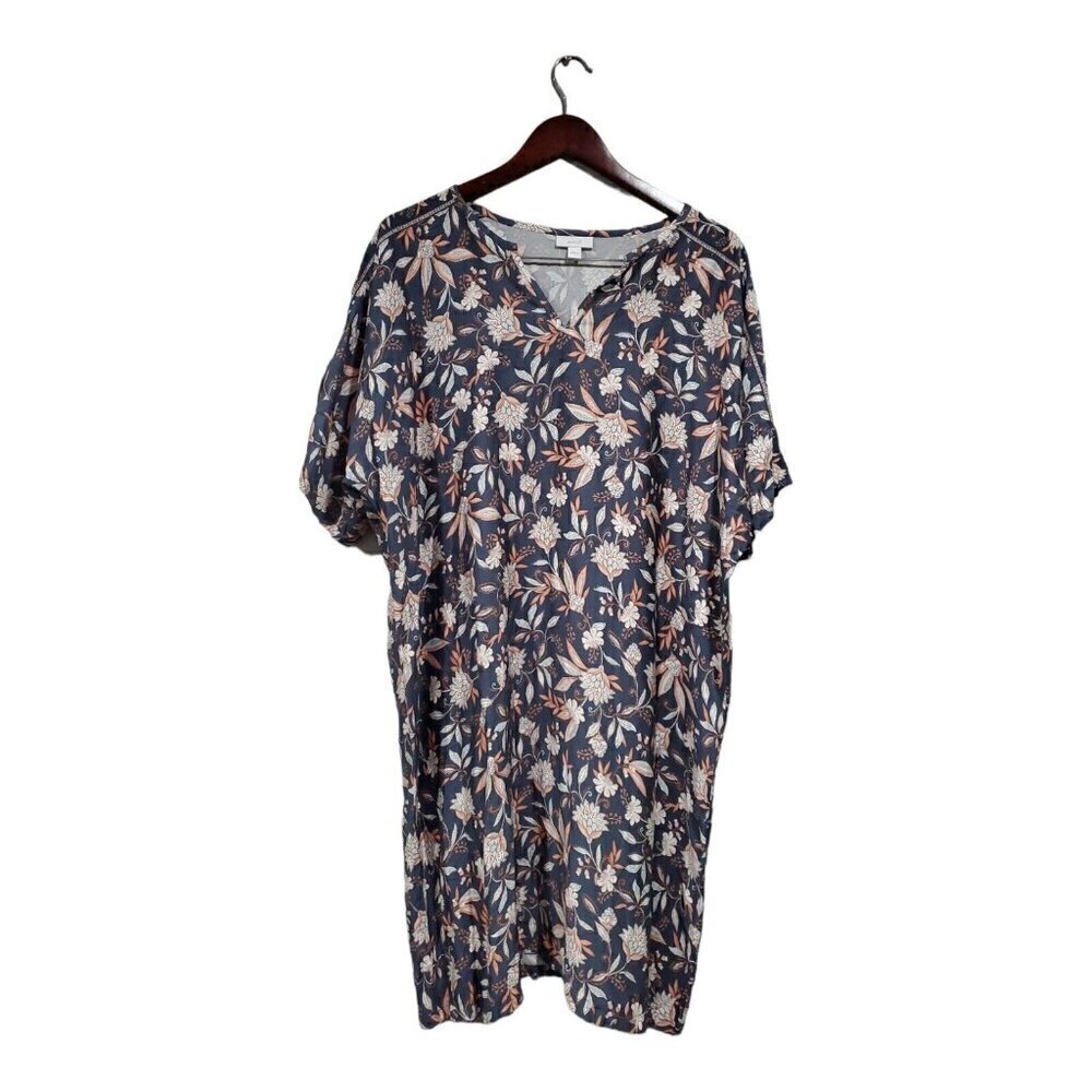 J.Jill PureJill Short Sleeve V-Neck Floral Shift Dress Gray Mint Peach Sz L